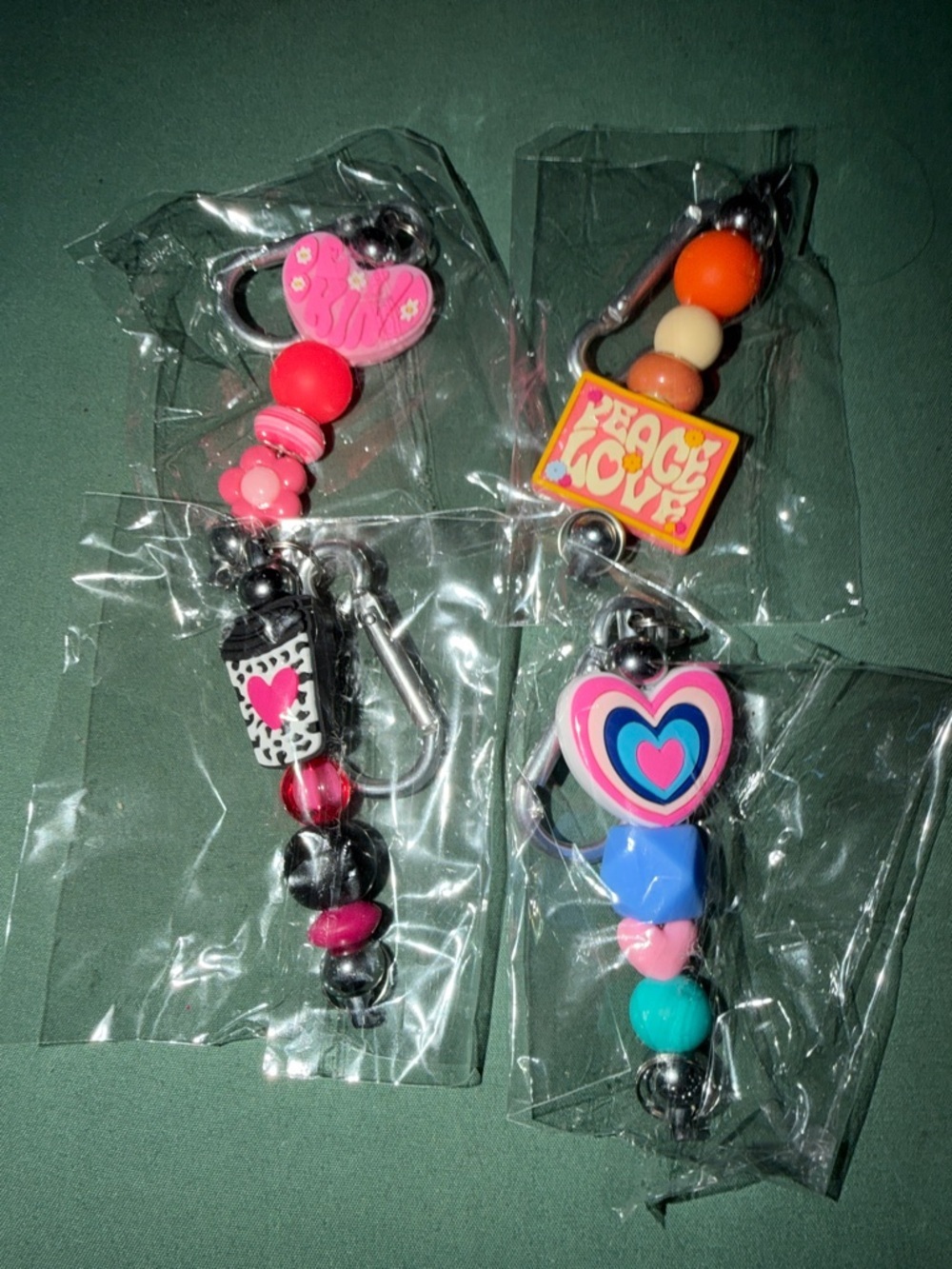 Cute Beaded Keyring Charms - Pink, Orange, Blue, Black Mix (Set of 4)